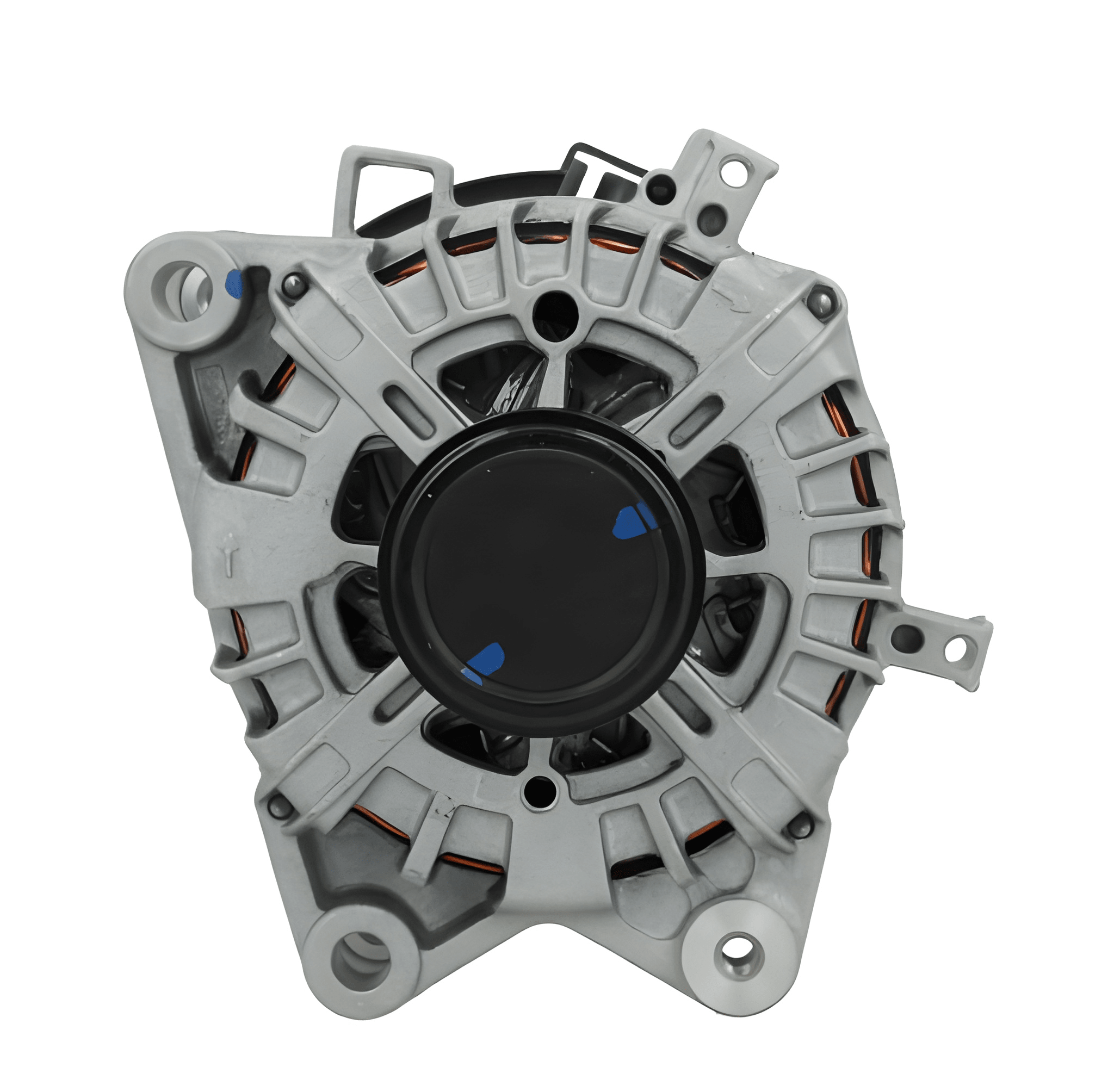 front view of A Ford 220A alternator, showing a metallic body with wiring and a pulley system. on a white background