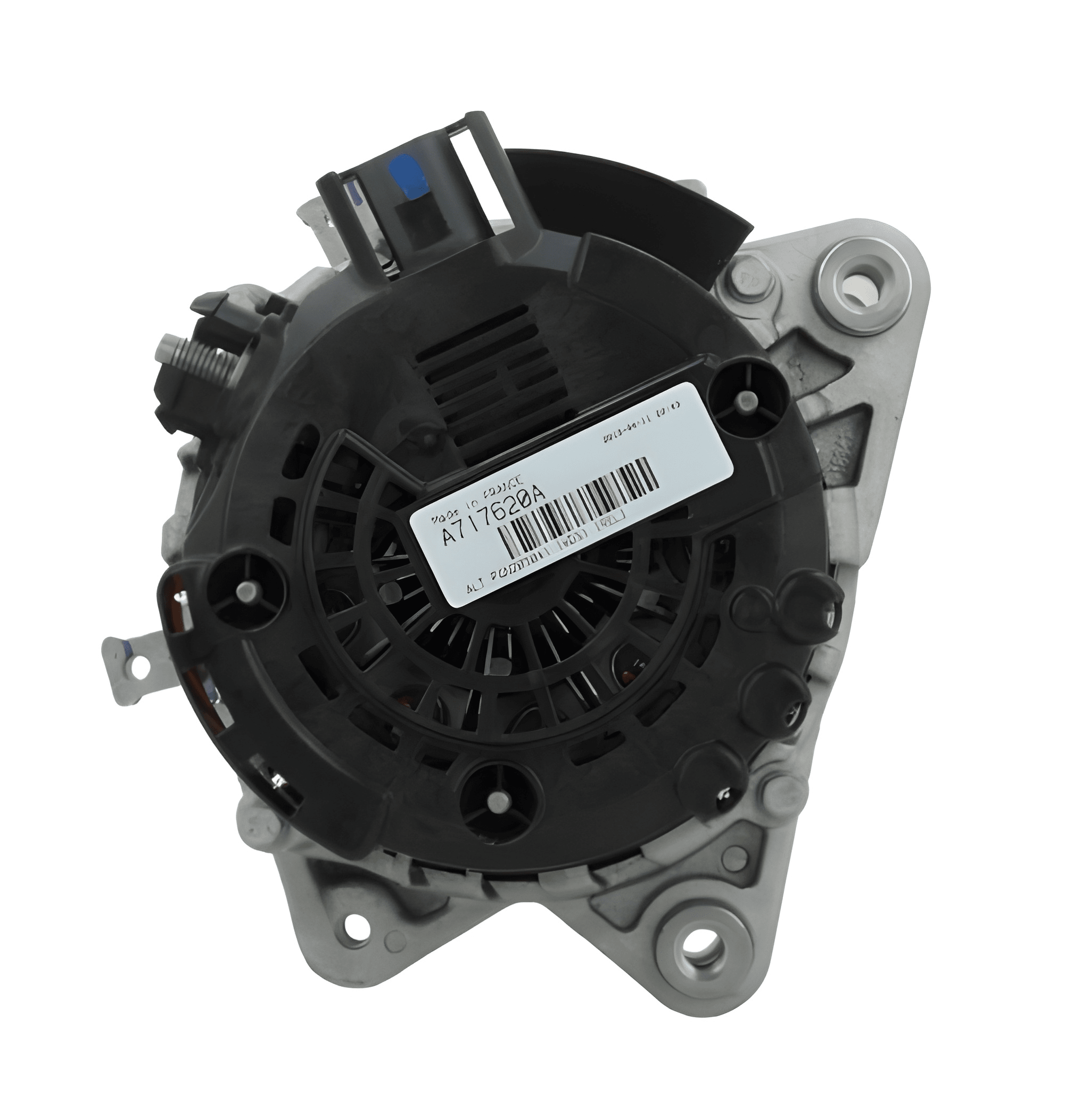 rear view of A Ford 220A alternator, showing a metallic body with wiring and a pulley system. on a white background