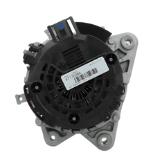 rear view of A Ford 220A alternator, showing a metallic body with wiring and a pulley system. on a white background
