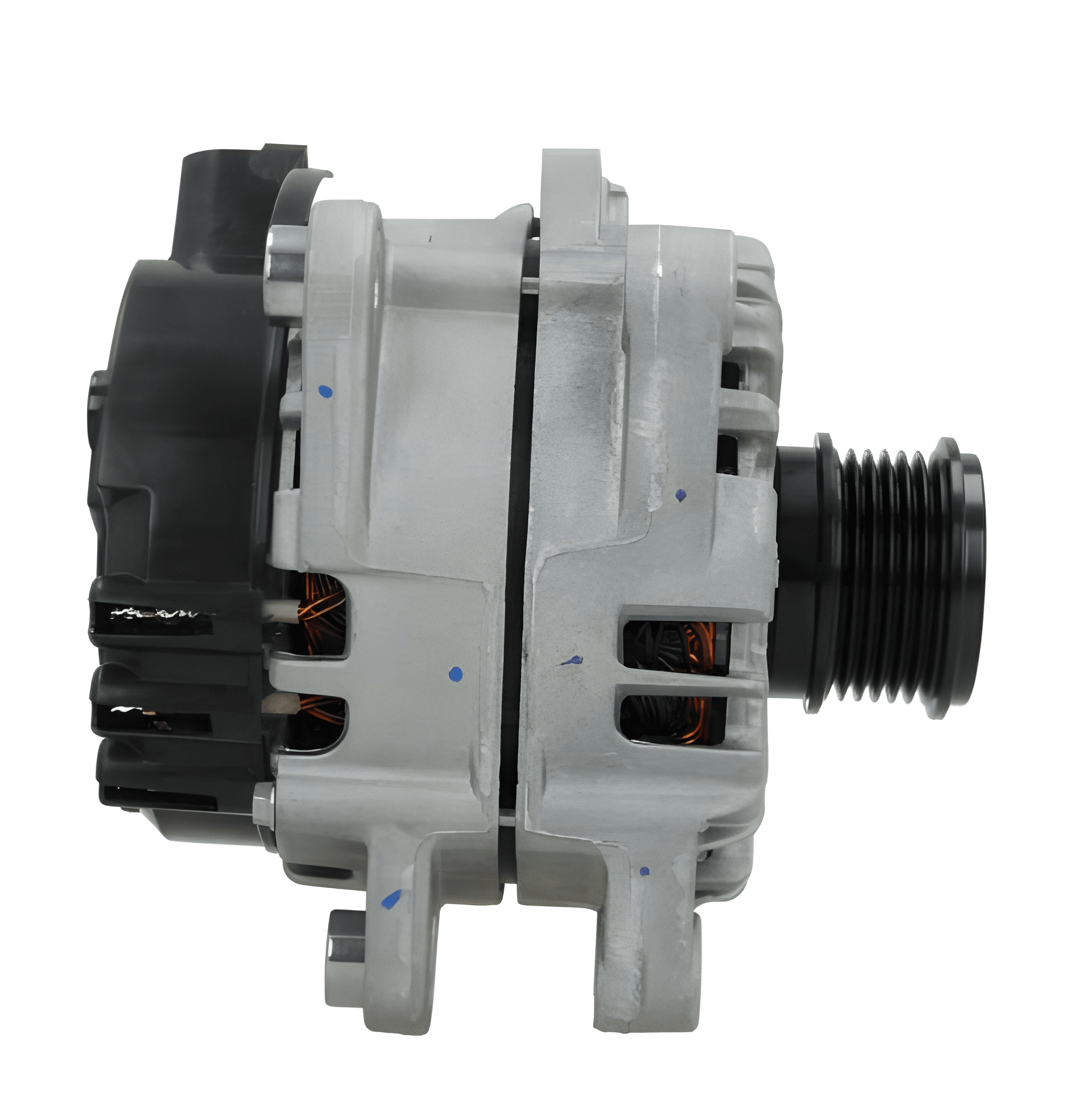 side view of A Ford 220A alternator, showing a metallic body with wiring and a pulley system. on a white background