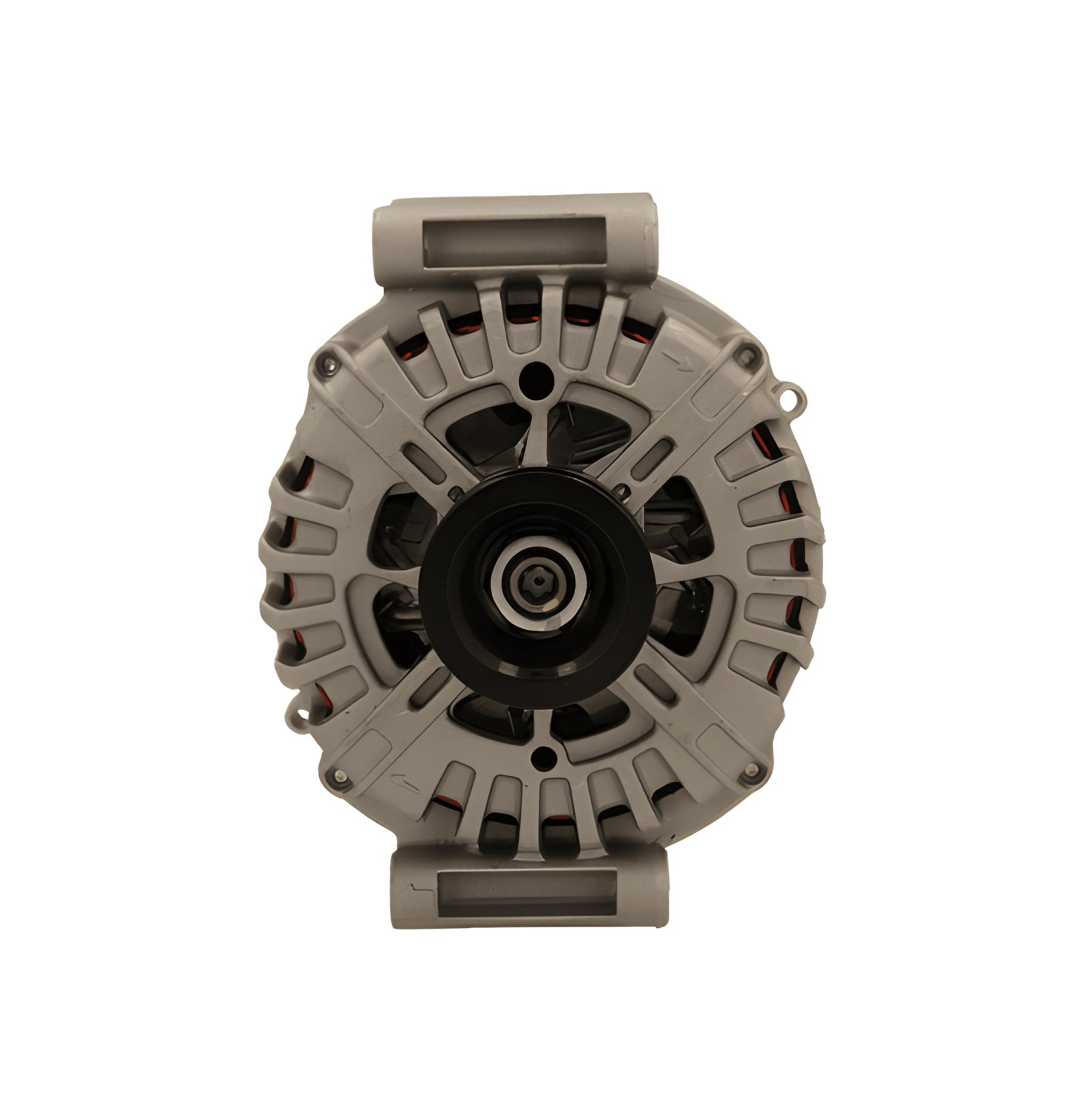 front view of A new 12V 180A aftermarket mercedes alternator with a metal body, wiring harness, and a pulley system, isolated on a white background.