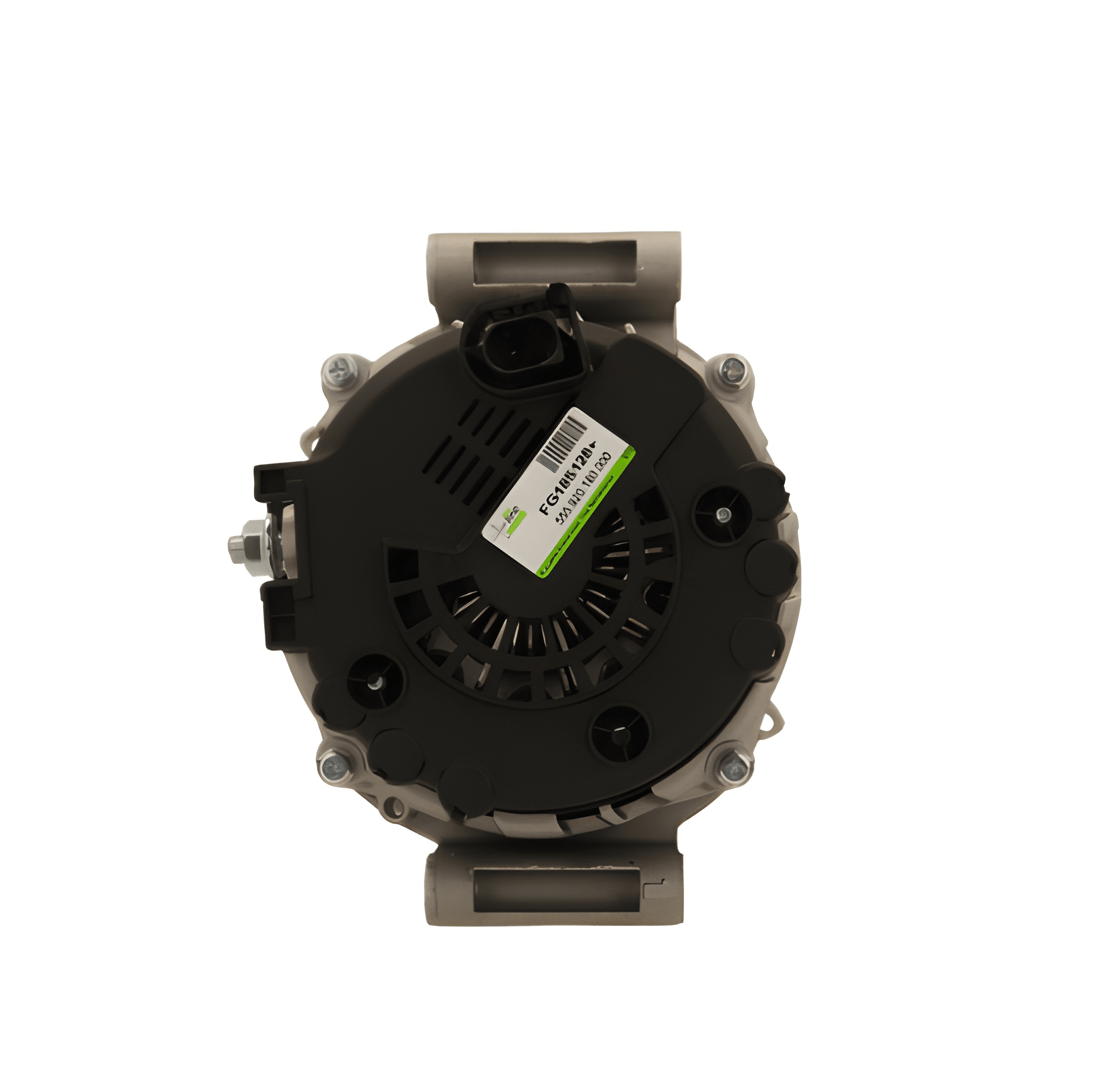 rear view of A new 12V 180A aftermarket mercedes alternator with a metal body, wiring harness, and connectors, isolated on a white background.
