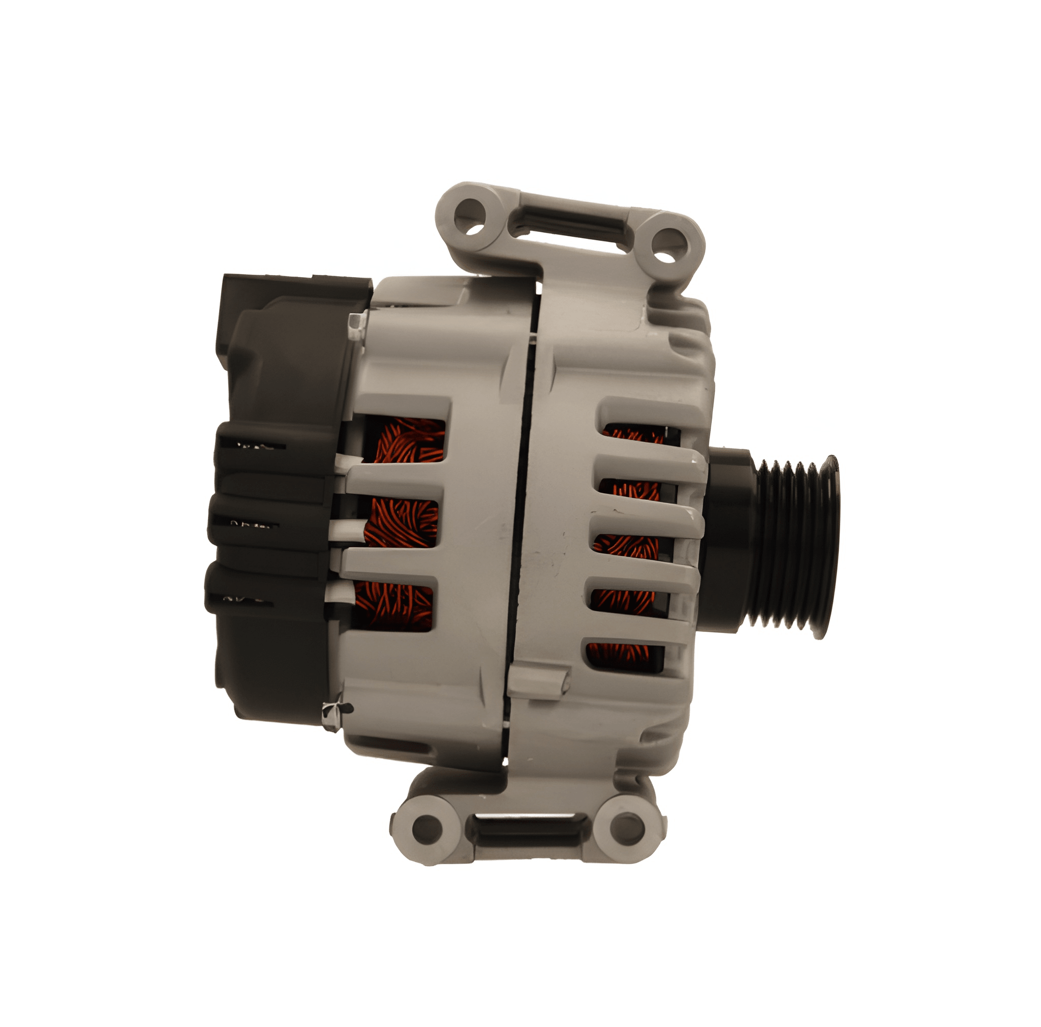 side view of A new 12V 180A aftermarket mercedes alternator with a metal body, wiring harness, and a pulley system, isolated on a white background.