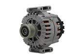 A new aftermarket alternator with a gray body, metal housing, and a free wheel pulley.