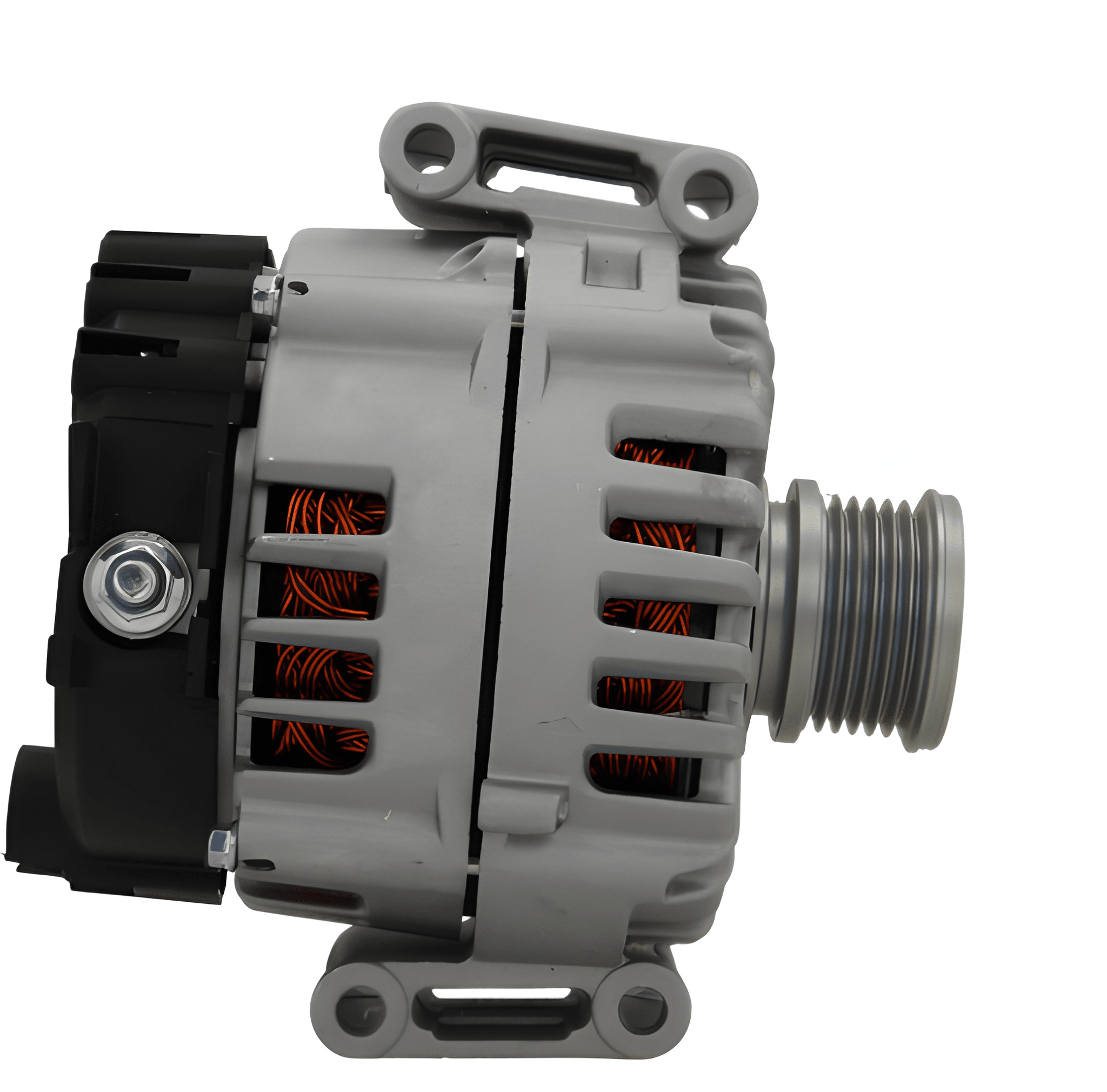 side view of a Mercedes Alternator 12V Fits Viano, GLK, SLC, CLS, GLE, E class 180A on a white background