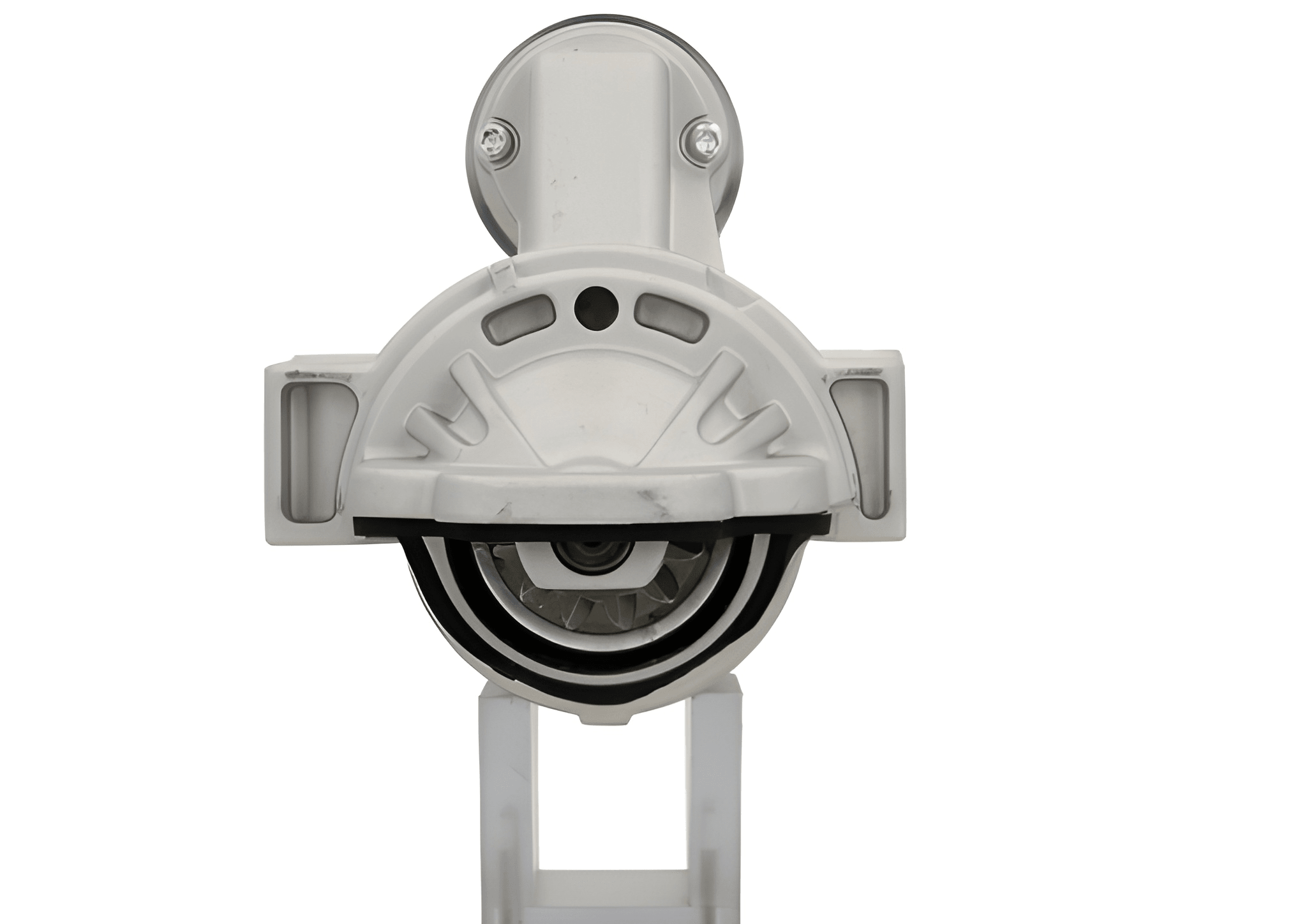 front view of A new 12V Ford starter motor with a 2.2 kW power rating and 12 teeth, displaying the front view with a silver and gray color.