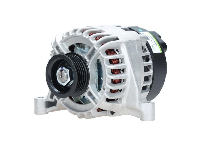 A new aftermarket alternator for Fiat vehicles, featuring a metal body with wiring and a pulley system.