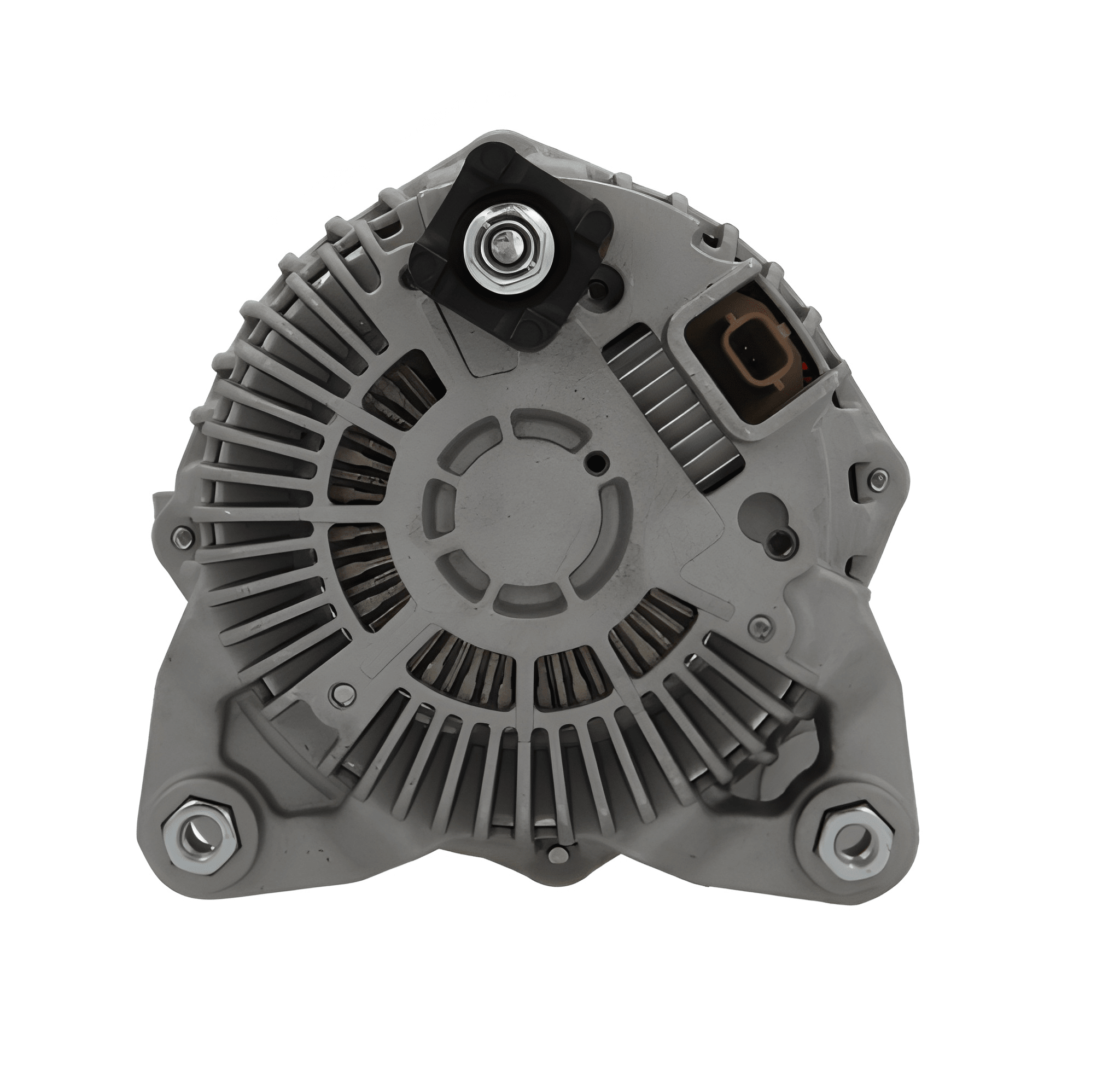 rear view of A new aftermarket alternator with a metal body, free wheel pulley, and multiple mounting holes. on a white background