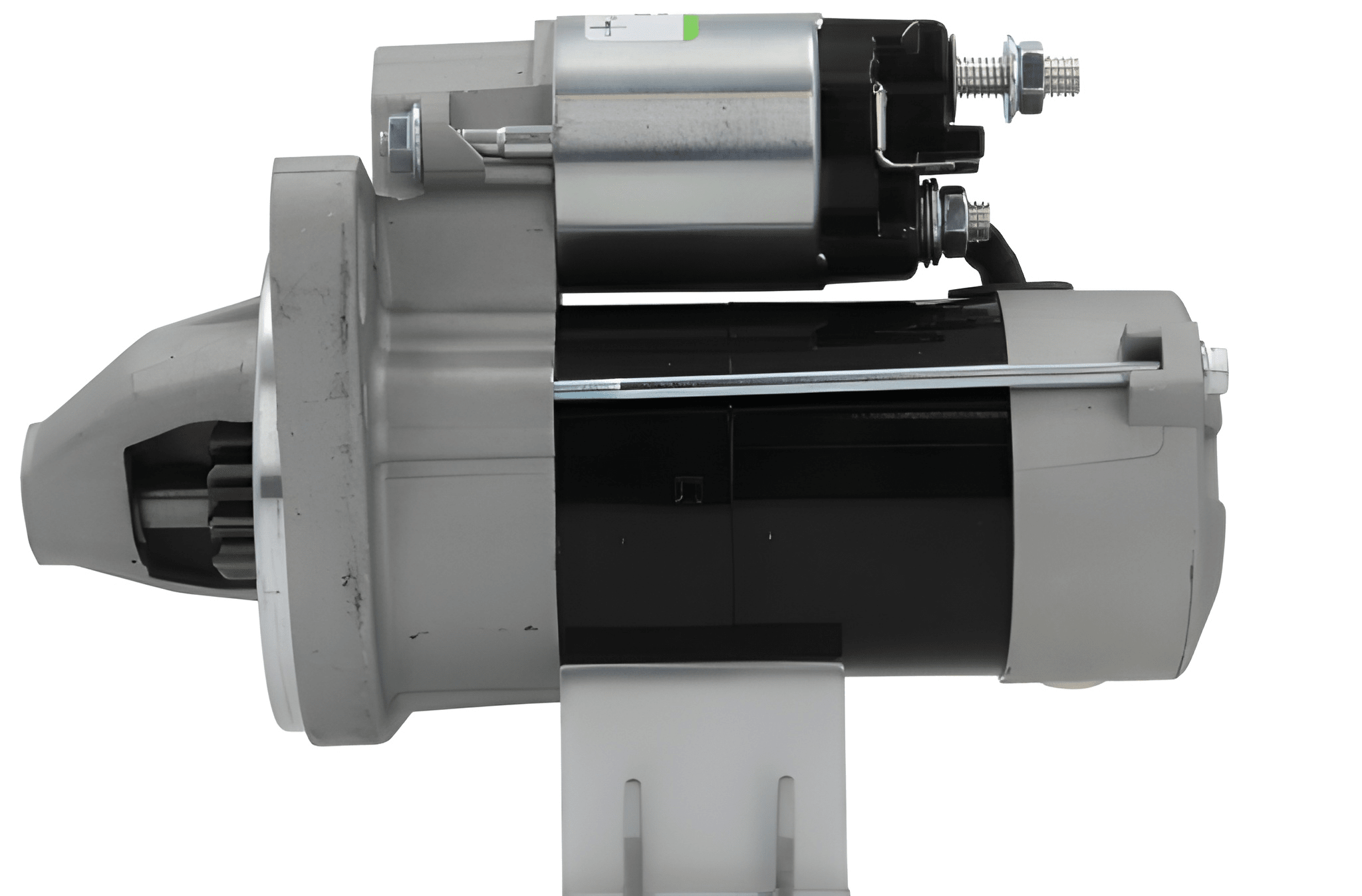 side view of A new 12V 9 teeth 1.1KW starter motor for vehicles, predominantly metal with a gray finish, including mounting brackets and electrical terminals.