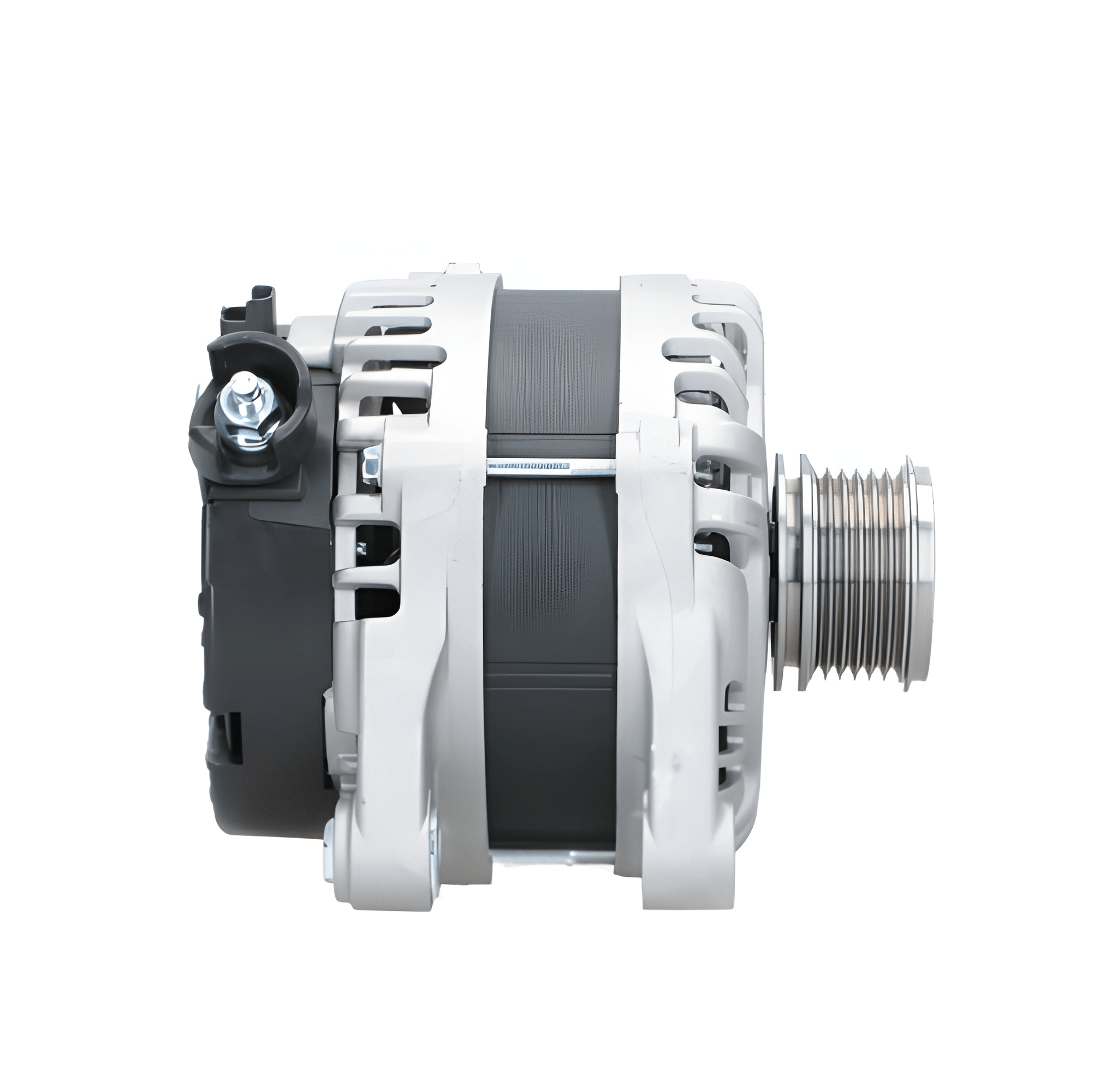 side view of a new aftermarket alternator with a metal body, electrical connectors, and a pulley for a vehicle. on a white background