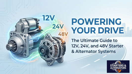 Professional comparison of 12V, 24V, and 48V starter motors and alternators for UK vehicles.