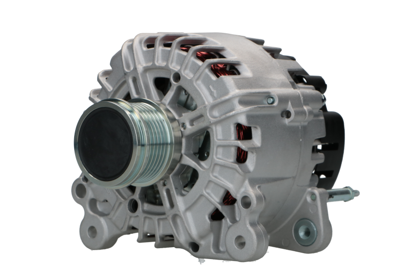 A new aftermarket alternator for Audi vehicles, featuring a metallic body with multiple mounting holes and electrical connectors.