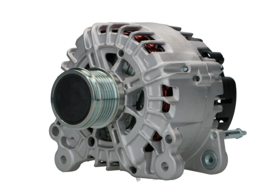 A new aftermarket alternator for Audi vehicles, featuring a metallic body with multiple mounting holes and electrical connectors.