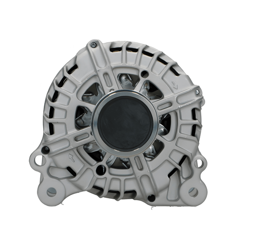 front view of A new aftermarket alternator for Audi vehicles, featuring a metallic body with multiple mounting holes and electrical connectors. on a white background