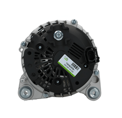 rear view of A new aftermarket alternator for Audi vehicles, featuring a metallic body with multiple mounting holes and electrical connectors. on a white background