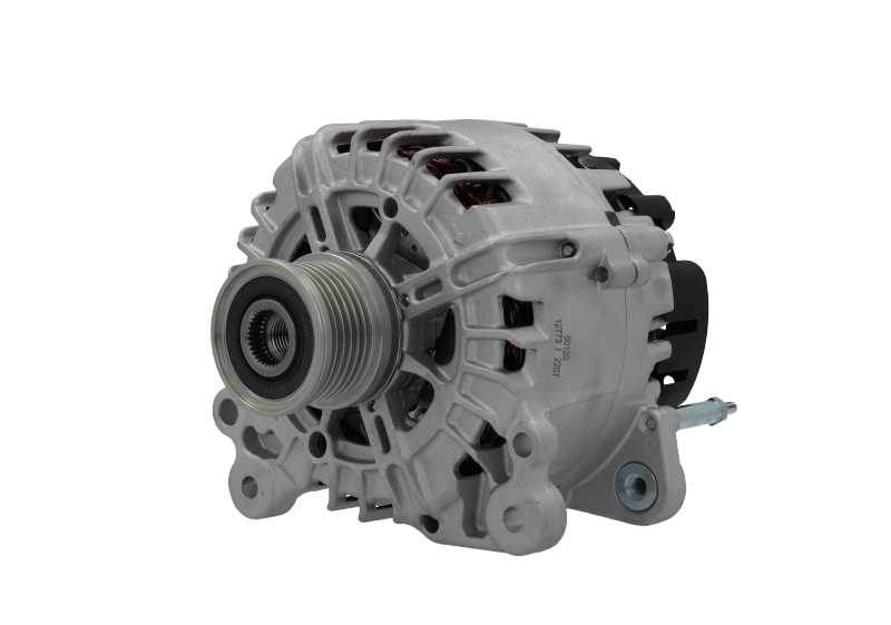 A new 12V aftermarket 140Amp alternator for Volkswagen, Audi, Seat and Skoda vehicles, with metal body and free wheel pulley.