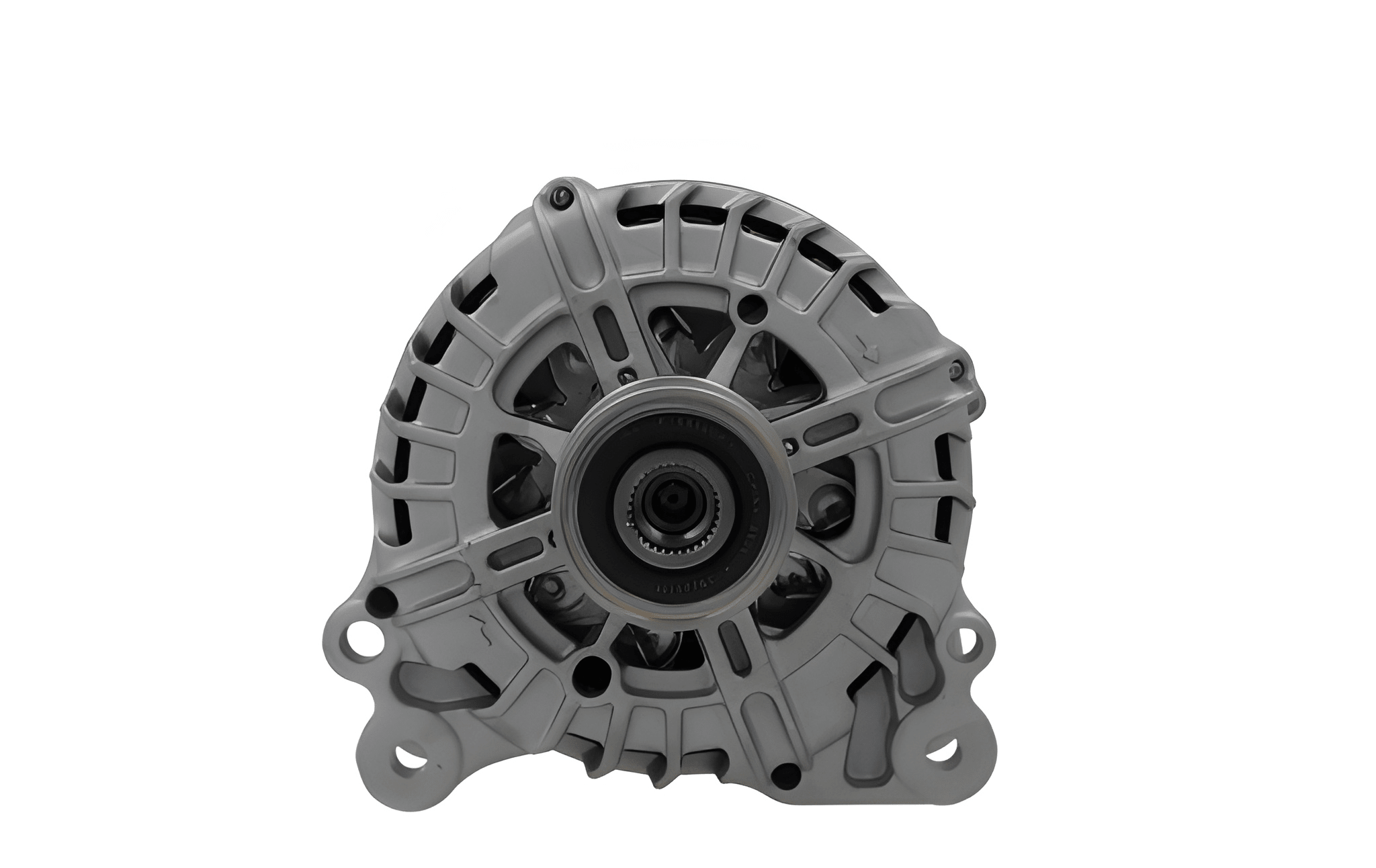front view of A new 12V aftermarket 140Amp alternator for Volkswagen, Audi, Seat and Skoda vehicles, with metal body and free wheel pulley.