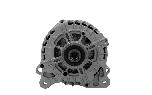 front view of A new 12V aftermarket 140Amp alternator for Volkswagen, Audi, Seat and Skoda vehicles, with metal body and free wheel pulley.