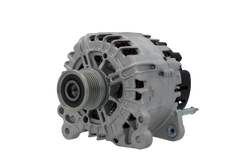 A new 12V aftermarket 140Amp alternator for Volkswagen, Audi, Seat and Skoda vehicles, with metal body and free wheel pulley.