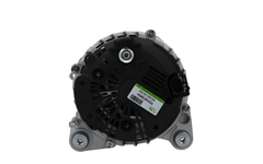 rear view of A new 12V aftermarket 140Amp alternator for Volkswagen, Audi, Seat and Skoda vehicles, with metal body and free wheel pulley.