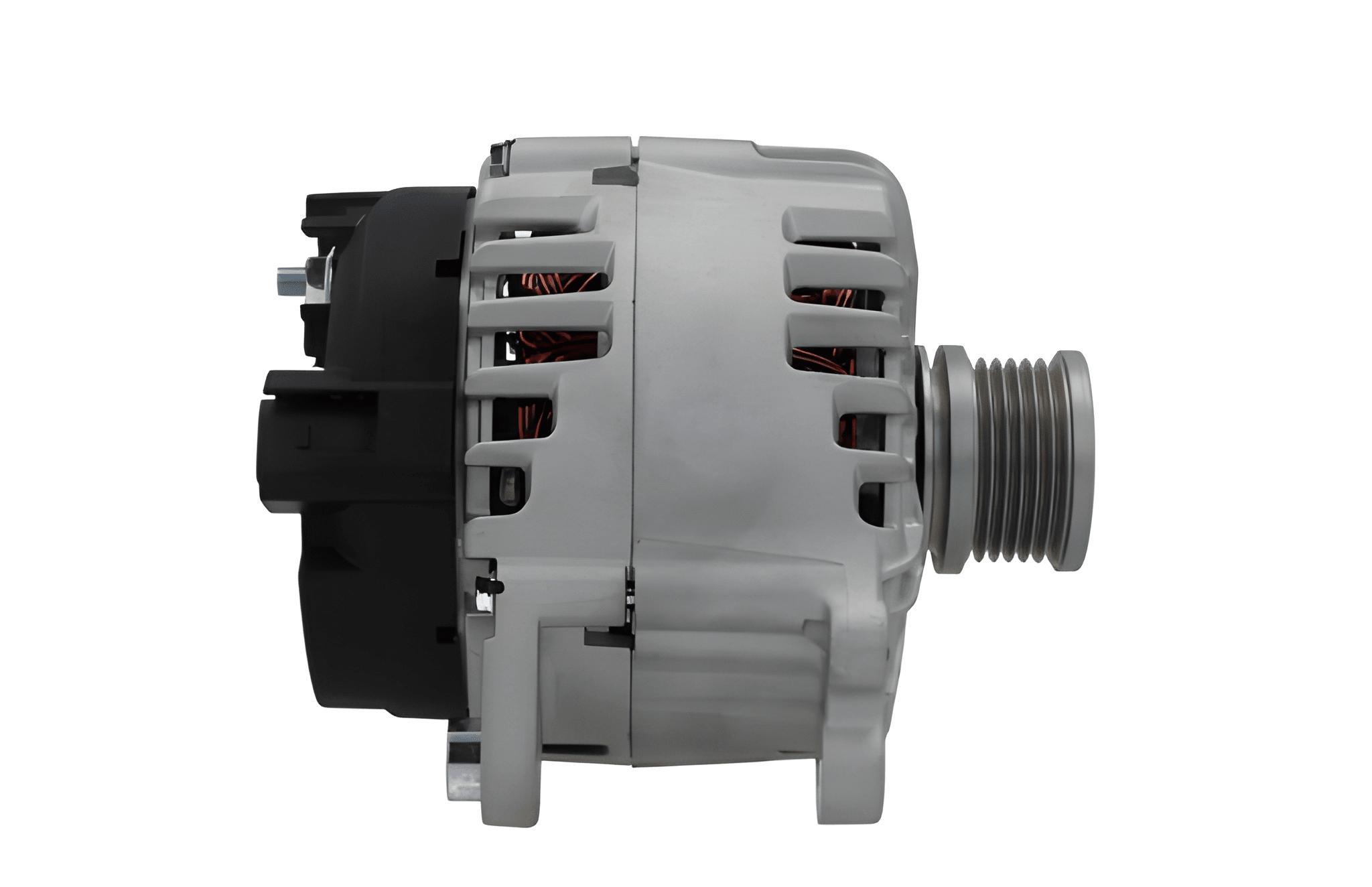 side view of A new 12V aftermarket 140Amp alternator for Volkswagen, Audi, Seat and Skoda vehicles, with metal body and free wheel pulley.