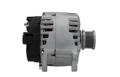 side view of A new 12V aftermarket 140Amp alternator for Volkswagen, Audi, Seat and Skoda vehicles, with metal body and free wheel pulley.