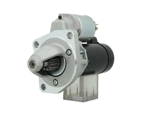 A new 12V 1.1KW aftermarket starter motor for Ford vehicles, with a metallic body and electrical connectors.
