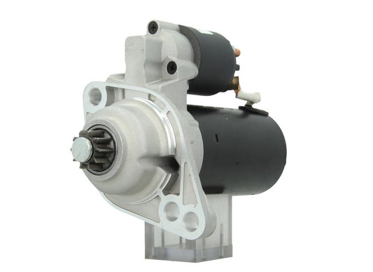 A new 12V starter motor 2.0KW for skoda, seat, audi and Volkswagen vehicles, showing the complete unit with mounting points and electrical connectors. 10 teeth
