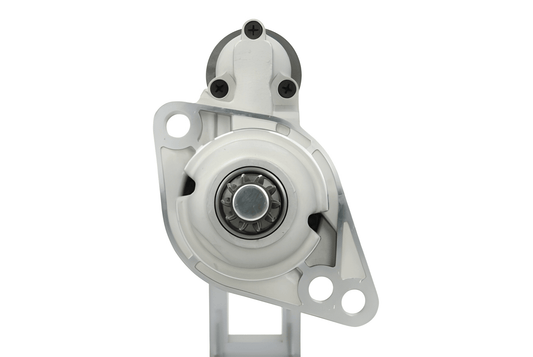 front view of A new 12V starter motor 2.0KW for skoda, seat, audi and Volkswagen vehicles, showing the complete unit with mounting points and electrical connectors. 10 teeth