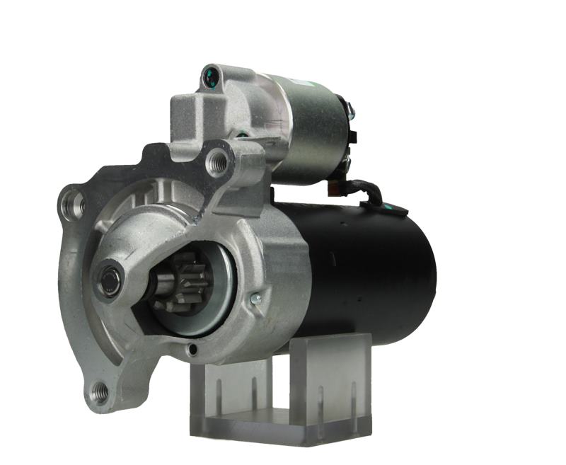 A new 12V starter motor 1.4KW for Citroen, Peugeot, Fiat, Mitsubishi and Vauxhall vehicles, featuring a metallic body with a black and silver color scheme.