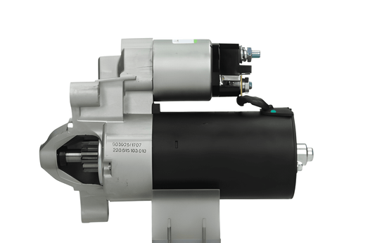 side view of a A new 12V starter motor 1.4KW for Citroen, Peugeot, Fiat, Mitsubishi and Vauxhall vehicles, featuring a metallic body with a black and silver color scheme.
