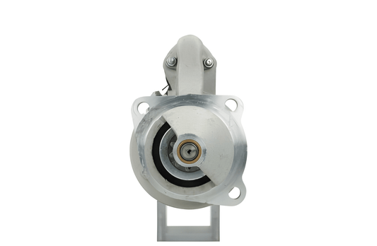 front view of A new 12V starter motor 2.8KW with 10 teeth for Massey Ferguson, predominantly metal with a black and silver color scheme.