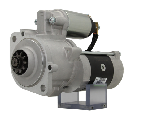 A new 12V Mitsubishi starter motor 2.2KW for caterpillar, nissan and volvo vehicles, displaying the starter and electrical connectors.
