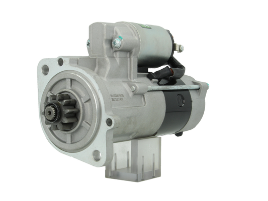 A 12V Mitsubishi 2.2 kw starter, showing a metal body with wiring and mounting points, isolated on a white background.