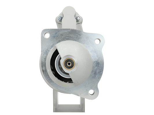 front of A new 12V 2.8KW new holland starter motor for a tractor, predominantly silver and black in color.
