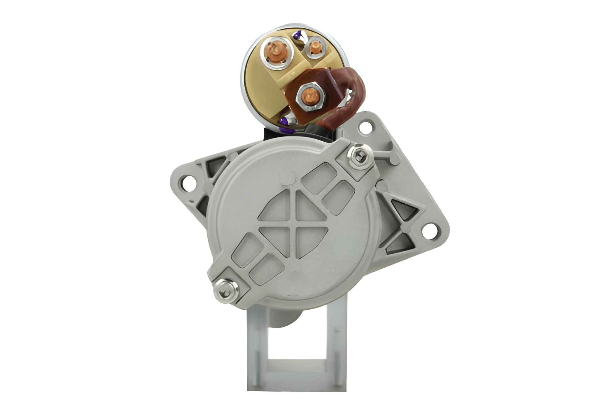 back view of A new 12V starter motor fits Renault, nissan, opel, vauxhall vehicles 2.2 kw, with metal body and electrical components, in a silver and gray color.