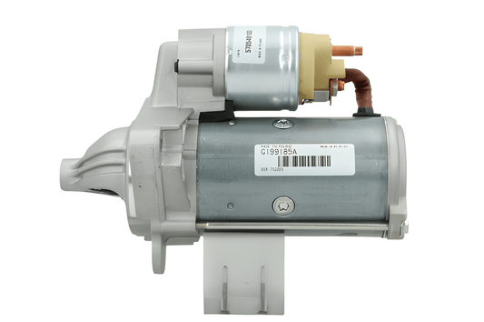 side view of A new 12V starter motor fits Renault, nissan, opel, vauxhall vehicles 2.2 kw, with metal body and electrical components, in a silver and gray color.