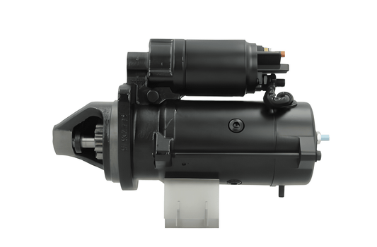 side view of A 12V 3.2KW new aftermarket starter motor for perkins engines, 10 teeth  predominantly black in color.