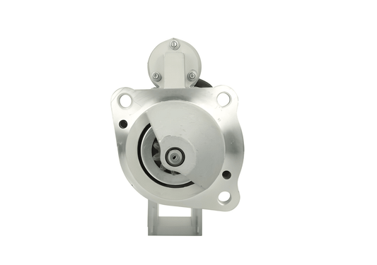 front view of A 12V silver and gray 3.0KW starter motor for a vehicle, with visible mounting points and electrical connectors and 10 teeth