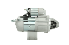 side view of A 12V silver and gray 3.0KW starter motor for a vehicle, with visible mounting points and electrical connectors and 10 teeth