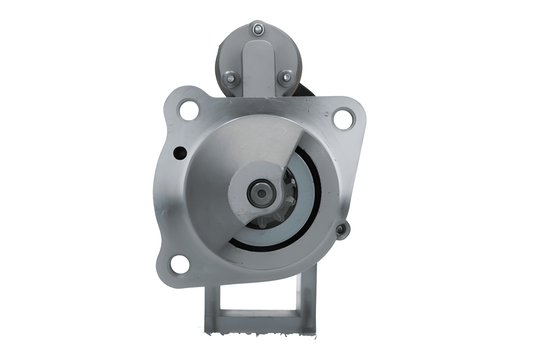 front view of A new 12V aftermarket 3.0KW starter motor designed for Perkins engines, featuring a metallic body with a black cover and electrical connectors.