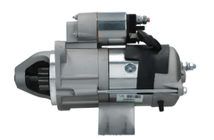 side view of A new 12V aftermarket 3.0KW starter motor designed for Perkins engines, featuring a metallic body with a black cover and electrical connectors.