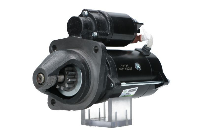 A new 12V 3.2KW aftermarket starter motor designed for Perkins engines, featuring a black body with metal components visible.