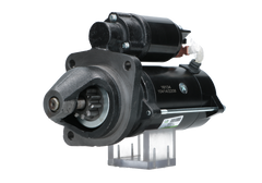 A new 12V 3.2KW aftermarket starter motor designed for Perkins engines, featuring a black body with metal components visible.