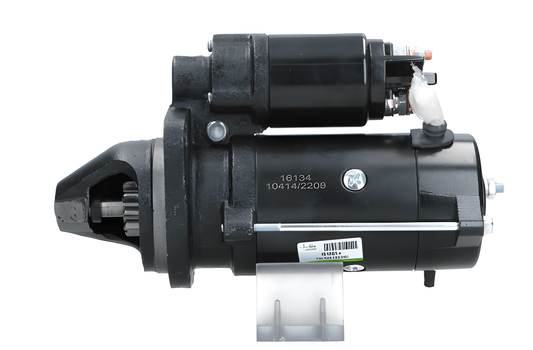 side view of A new 12V 3.2KW aftermarket starter motor designed for Perkins engines, featuring a black body with metal components visible.