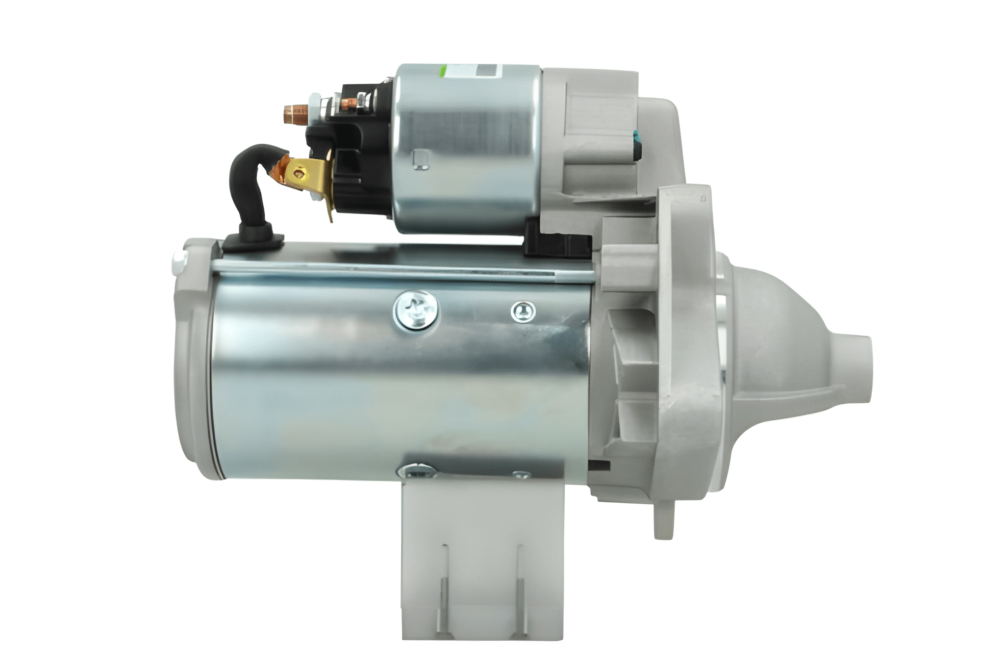side of A new 12V starter motor for Renault, nissan, opel and vauxhall vehicles 2.2 kw, with a metallic body and 10 teeth