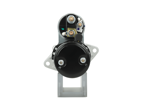 back view of A new 12V starter motor with a 1.1KW power rating for Opel, vauxhall, daewoo and fiat vehicles, with 10 teeth, a metallic body and electrical connectors.