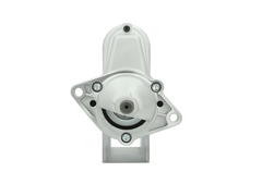 front view of A new 12V starter motor with a 1.1KW power rating for Opel, vauxhall, daewoo and fiat vehicles, with 10 teeth, a metallic body and electrical connectors.