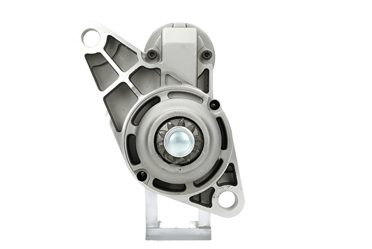 front view of A new 12V starter motor with a 1.1KW power rating built for Volkswagen, seat, skoda and audi vehicles, displaying the metal body and electrical connectors.