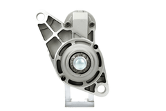front view of A new 12V starter motor with a 1.1KW power rating built for Volkswagen, seat, skoda and audi vehicles, displaying the metal body and electrical connectors.